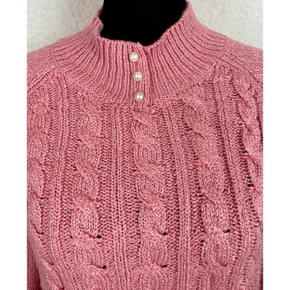 KAREN SCOTT • Dusty Pink Cable Knit Faux Pearl Button Mock-neck Sweater, S - Picture 3 of 16